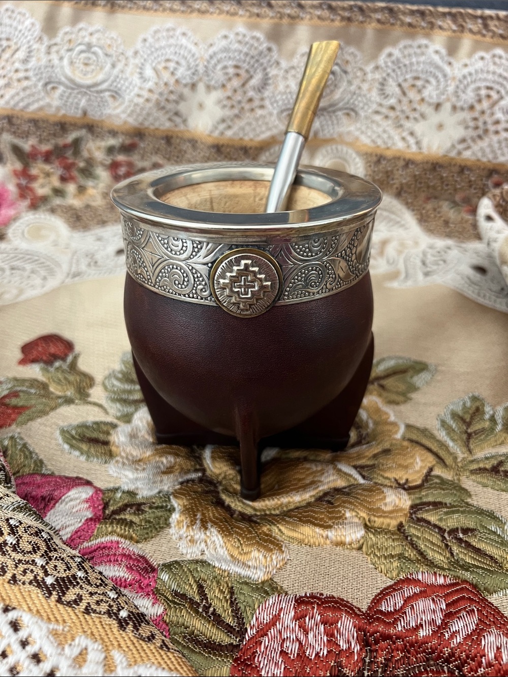 Yerba Mate Gourd - handmade brown leather with Ornate Silver Rim and Bombilla